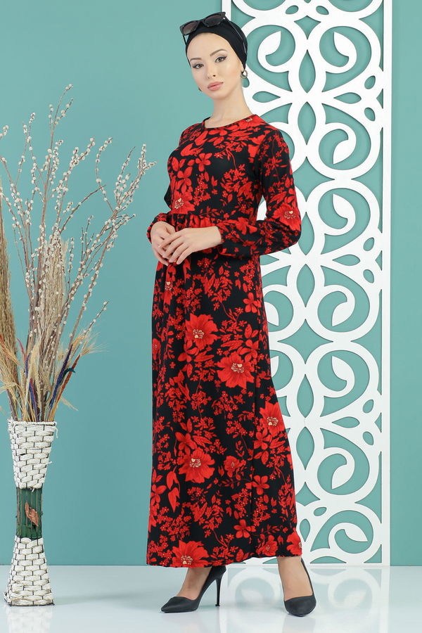 Çiçekli Elbise Siyah Bordo - 02 7672