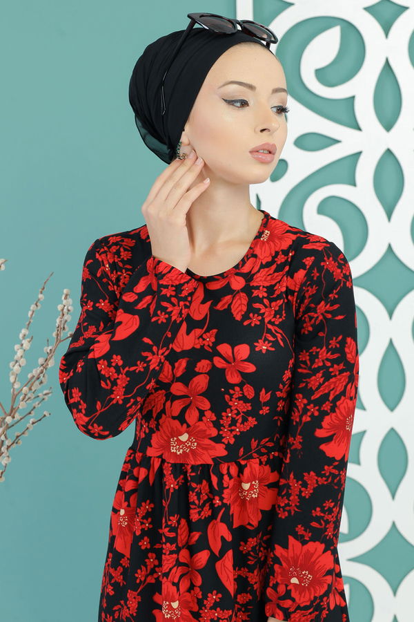 Çiçekli Elbise Siyah Bordo - 02 7672
