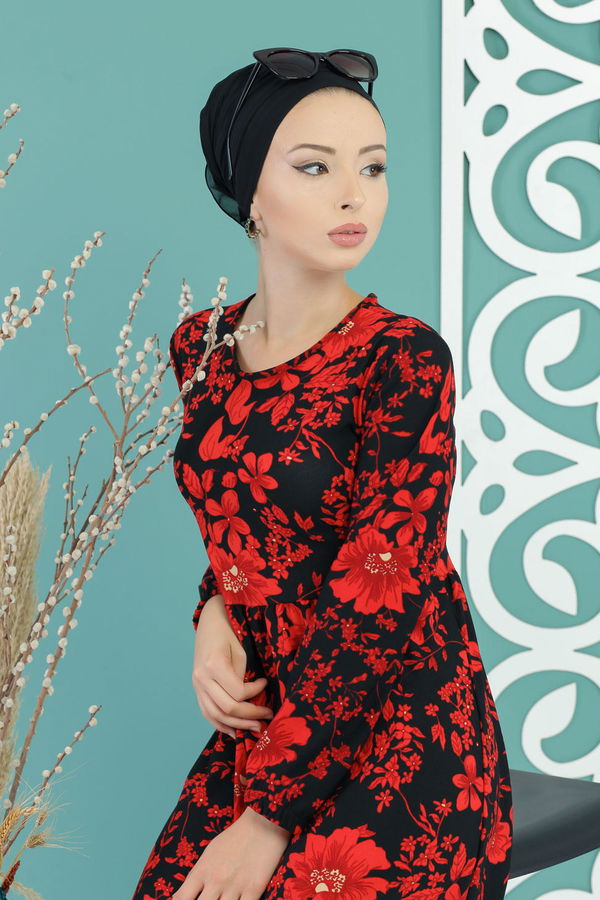 Çiçekli Elbise Siyah Bordo - 02 7672