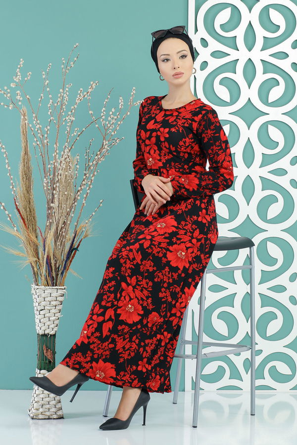 Çiçekli Elbise Siyah Bordo - 02 7672