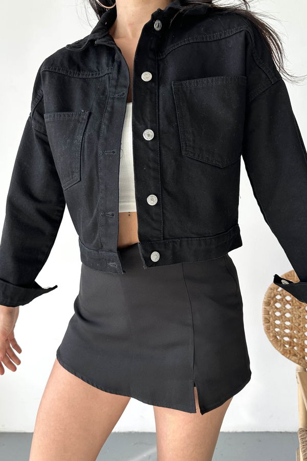 Çift Cepli Demin Crop Ceket Siyah - 27271