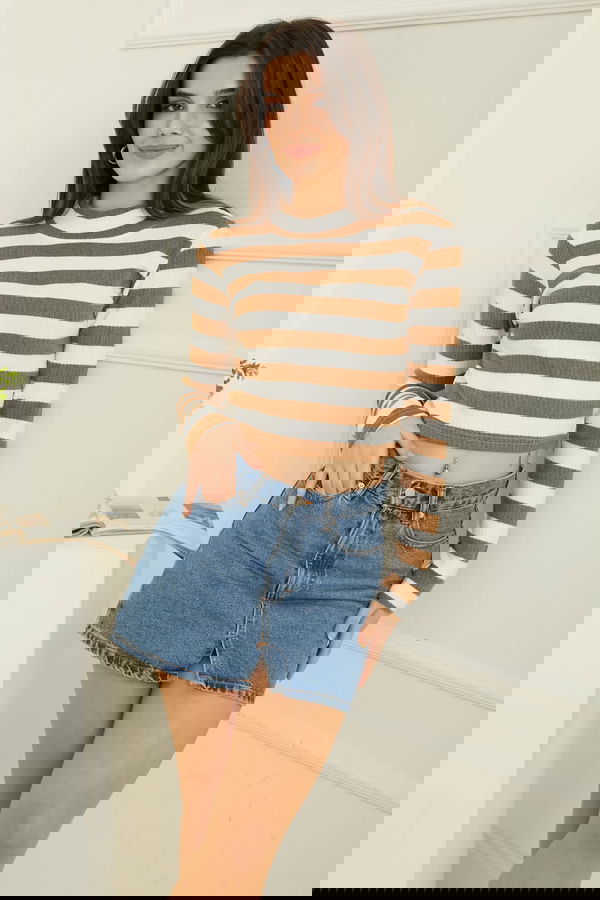 Çizgili Crop Bady Kahve - 26772