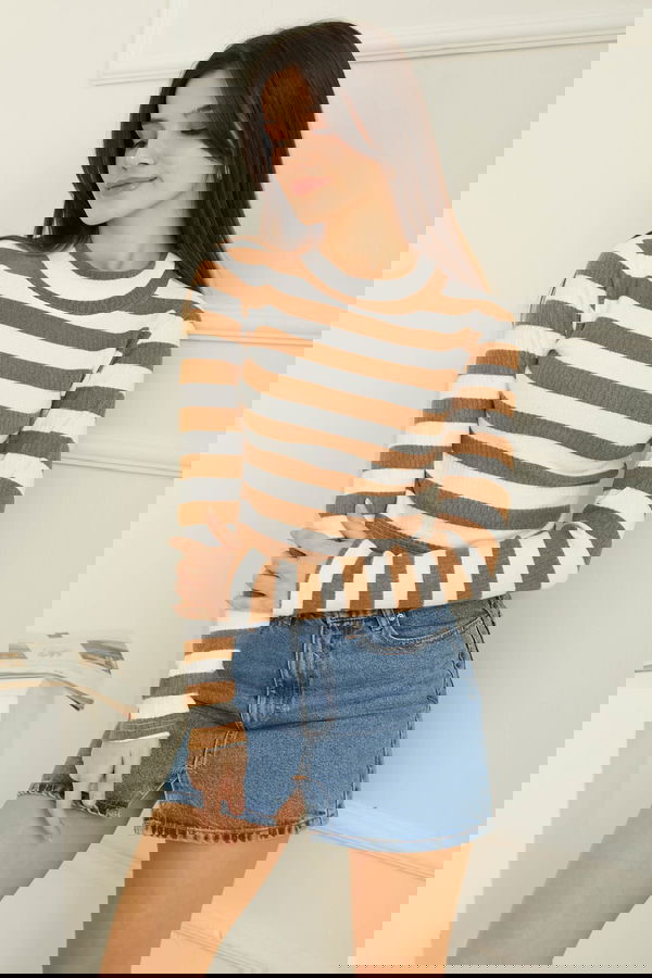 Çizgili Crop Bady Kahve - 26772