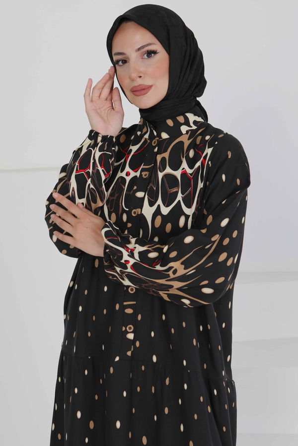 Desenli Düğmeli Elbise - 27493