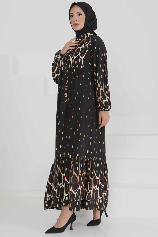 Desenli Düğmeli Elbise - 27493