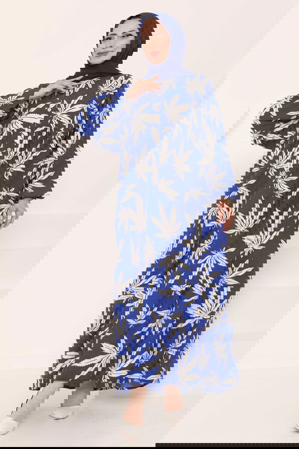Desenli Düğmeli Elbise Saks - 27038