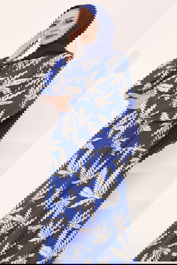 Desenli Düğmeli Elbise Saks - 27038