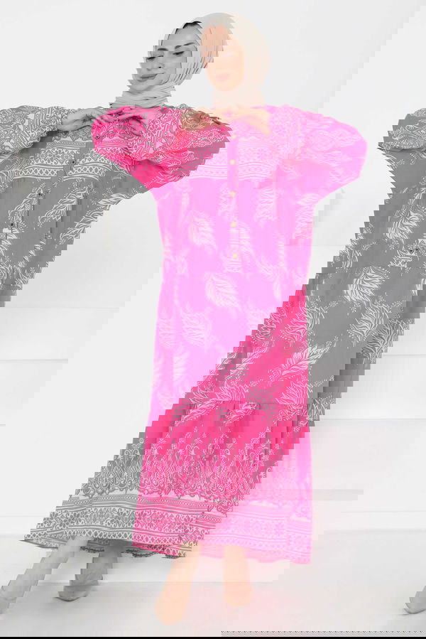 Desenli Düğmeli Elbise - 27263