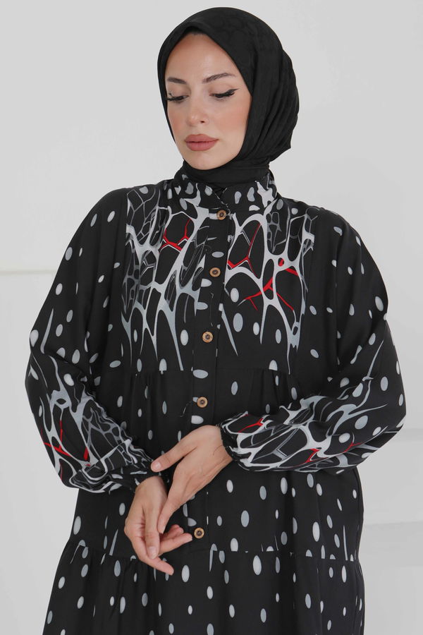 Desenli Düğmeli Elbise - 27493