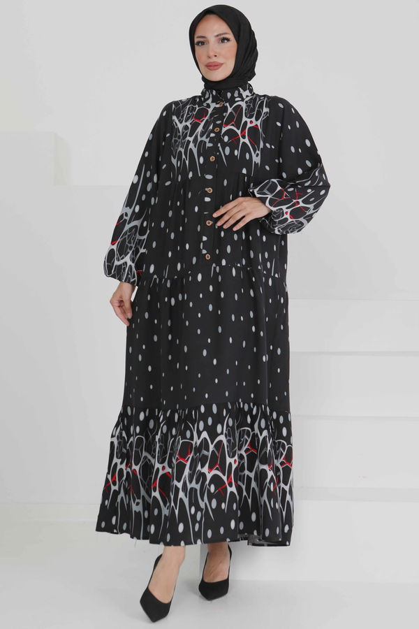 Desenli Düğmeli Elbise - 27493