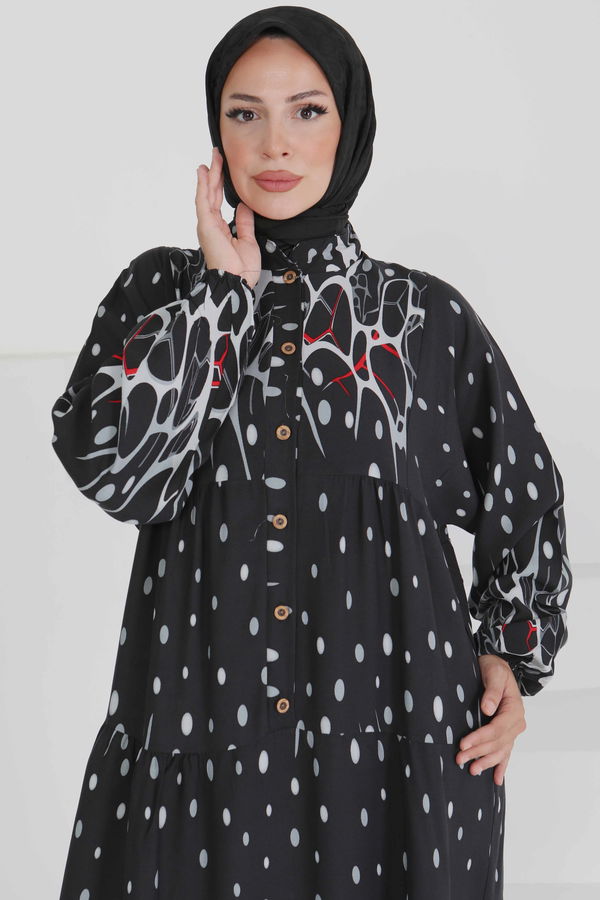 Desenli Düğmeli Elbise - 27493