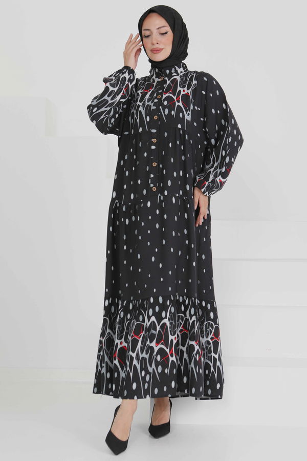 Desenli Düğmeli Elbise - 27493