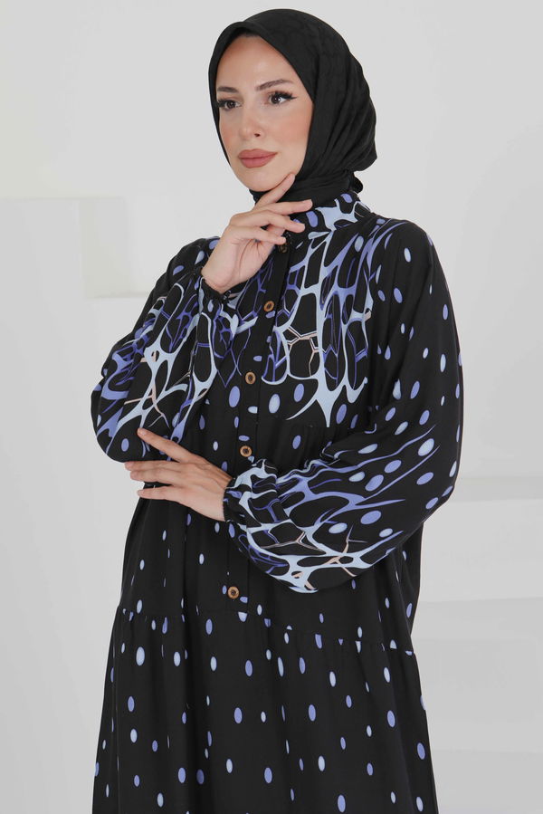 Desenli Düğmeli Elbise - 27493