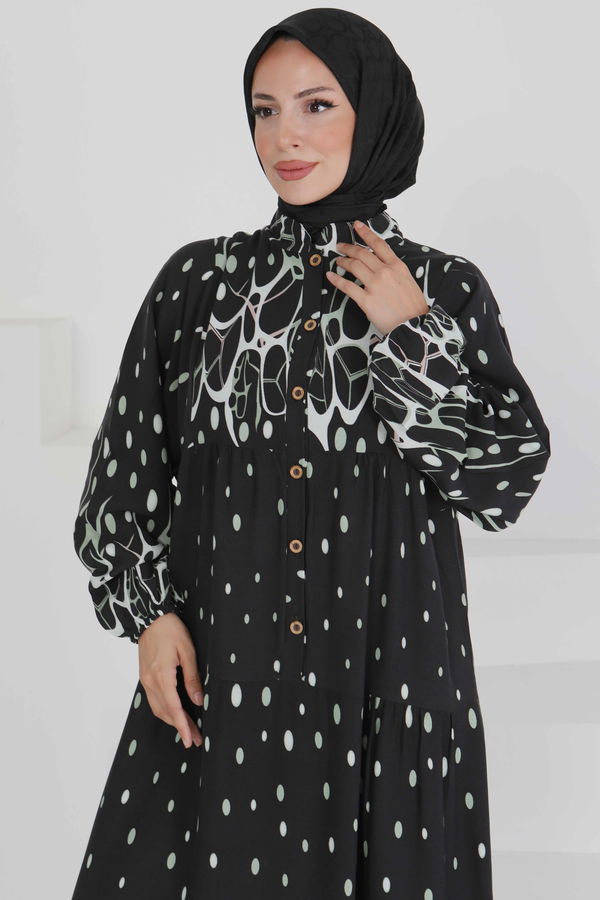 Desenli Düğmeli Elbise - 27493