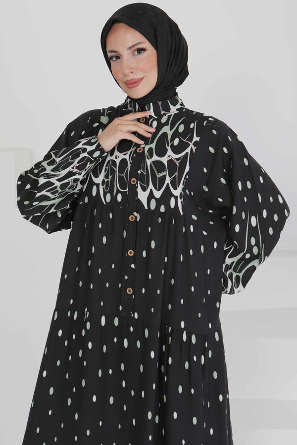 Desenli Düğmeli Elbise - 27493