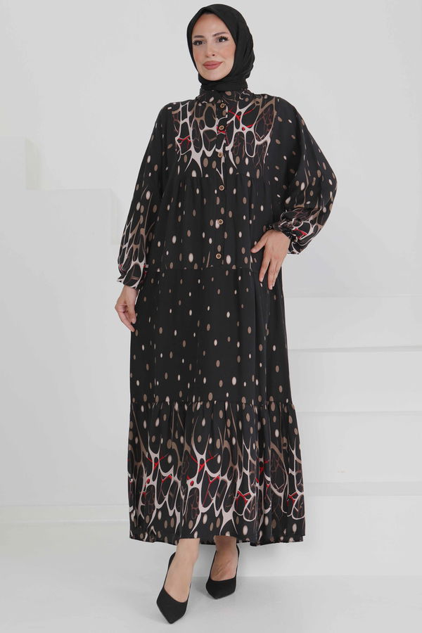 Desenli Düğmeli Elbise - 27493