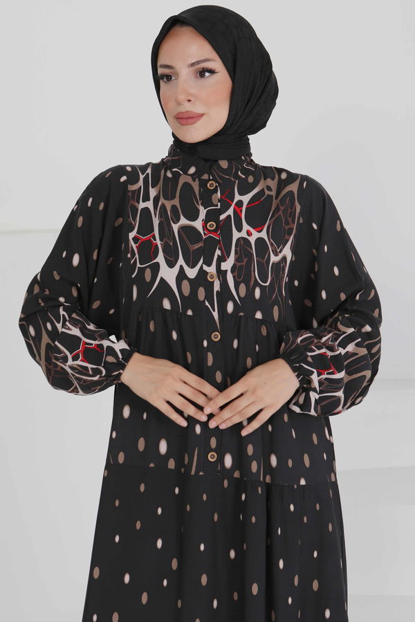 Desenli Düğmeli Elbise - 27493
