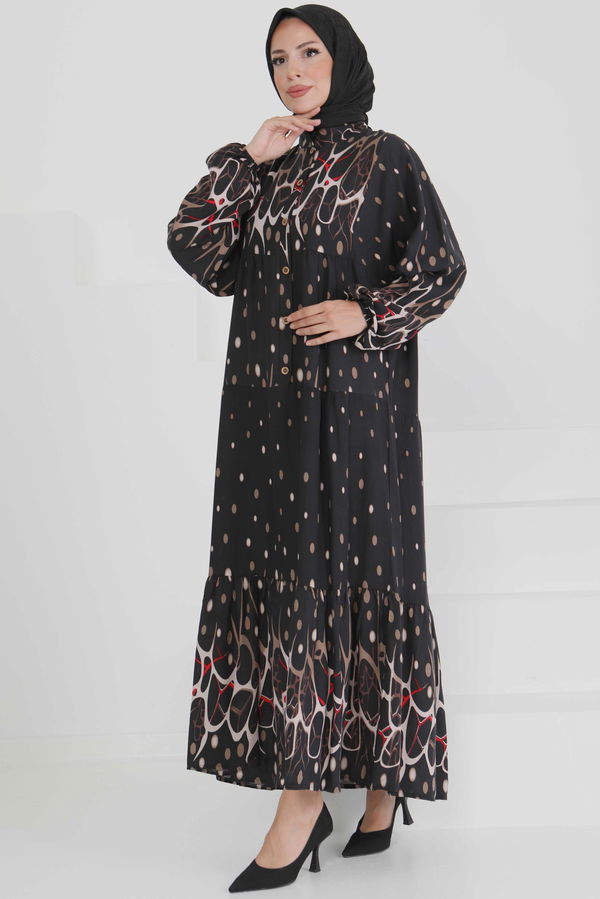 Desenli Düğmeli Elbise - 27493