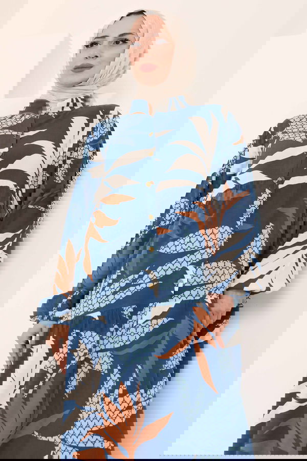 Desenli Düğmeli Elbise Indigo - 27041