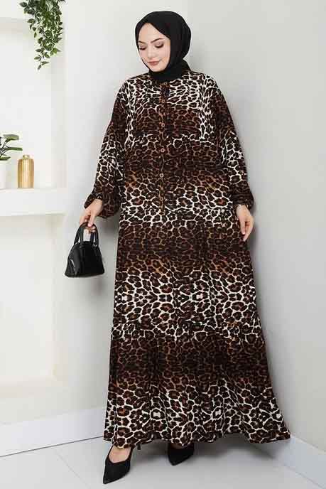 Desenli Düğmeli Elbise Leopar - 27264