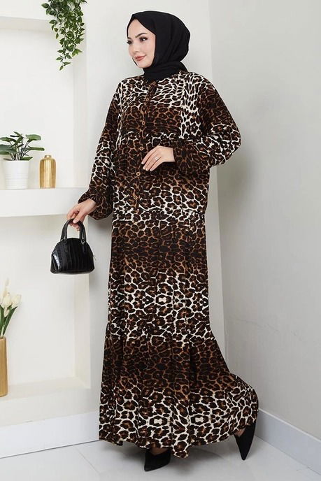Desenli Düğmeli Elbise Leopar - 27264