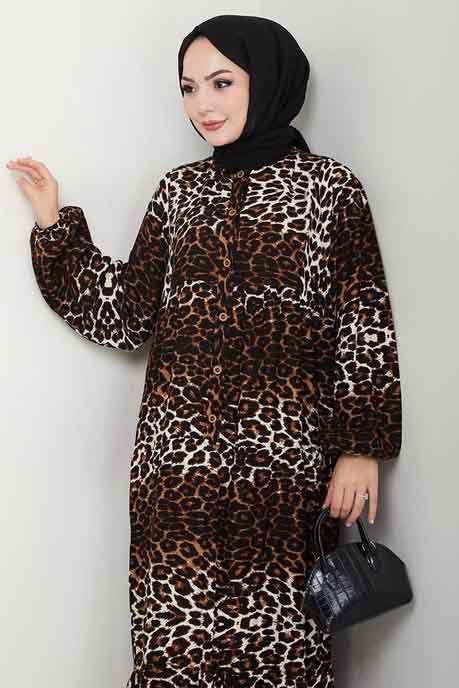 Desenli Düğmeli Elbise Leopar - 27264