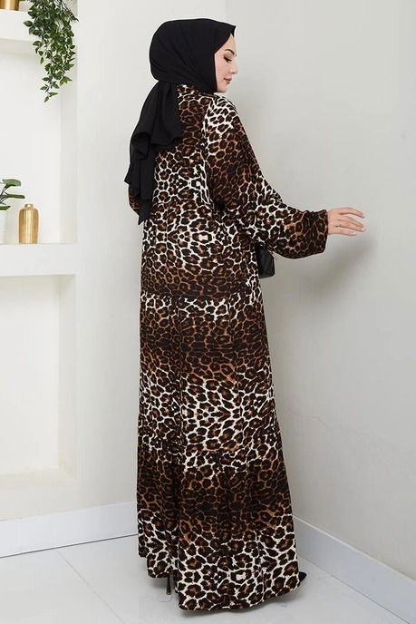 Desenli Düğmeli Elbise Leopar - 27264