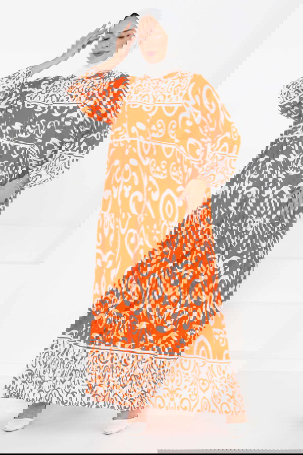 Desenli Düğmeli Elbise Oranj - 27428