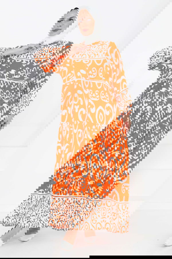 Desenli Düğmeli Elbise Oranj - 27428