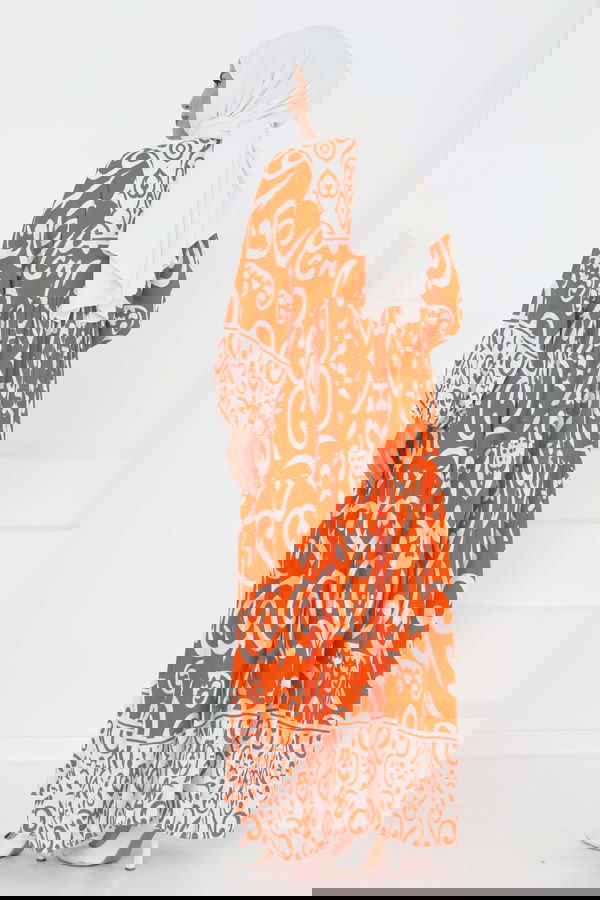 Desenli Düğmeli Elbise Oranj - 27428