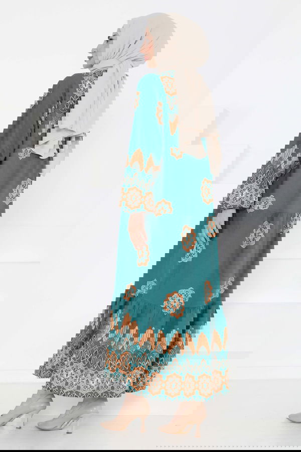 Desenli Düğmeli Elbise Zümrüt - 27262