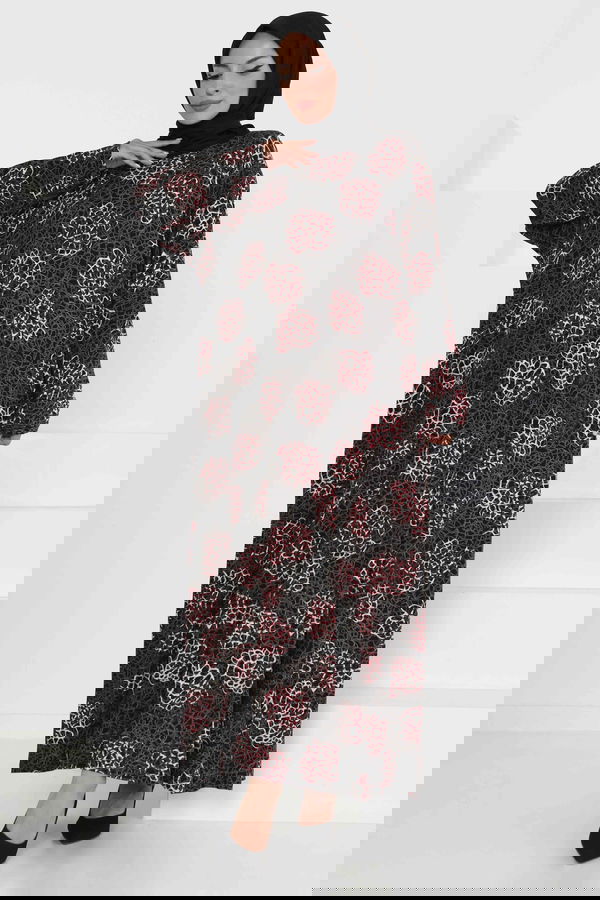 Desenli Elbise Bordo - 27368