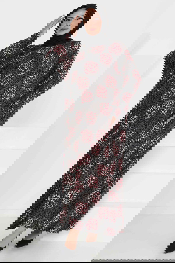 Desenli Elbise Bordo - 27368