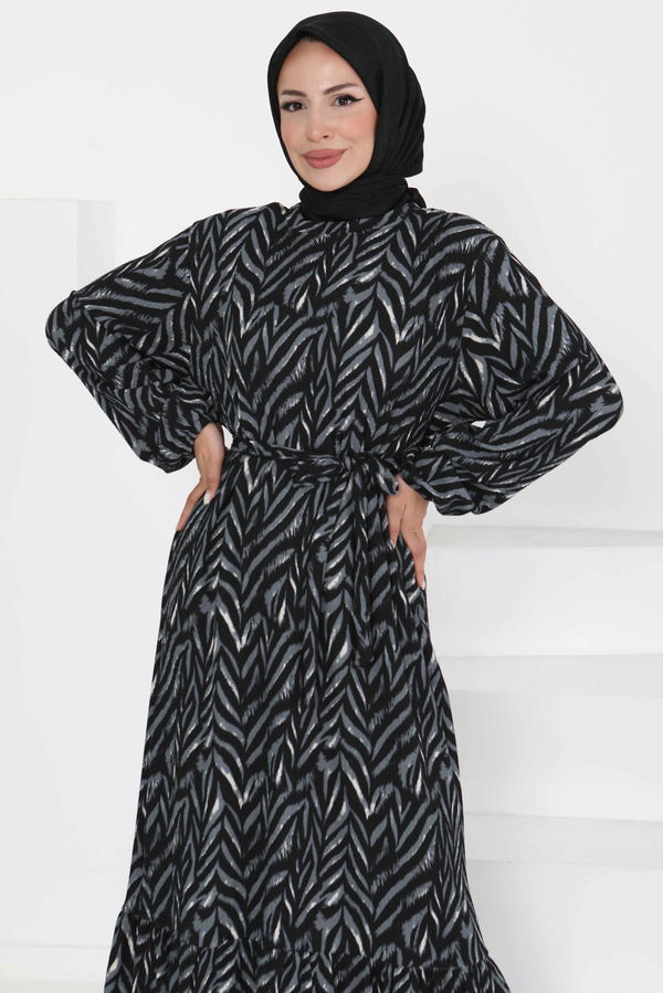 Desenli Kuşaklı Elbise - 27363