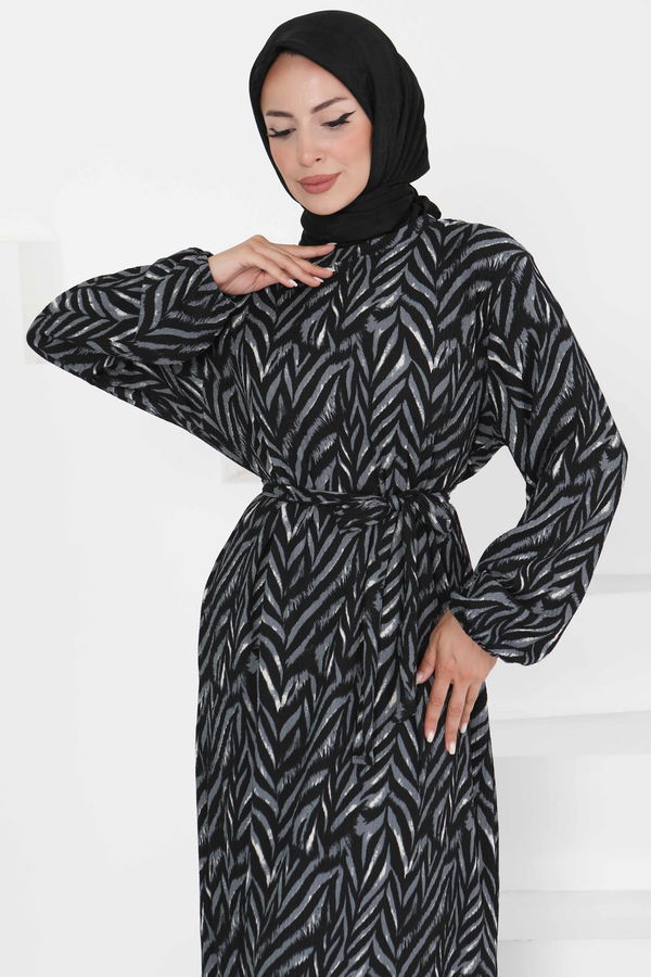 Desenli Kuşaklı Elbise - 27363