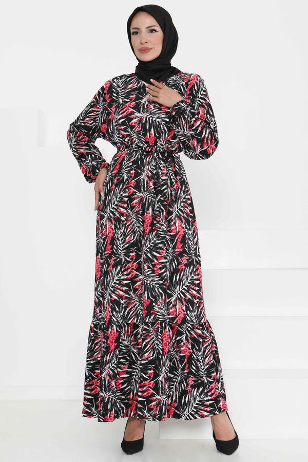 Desenli Kuşaklı Elbise - 27364