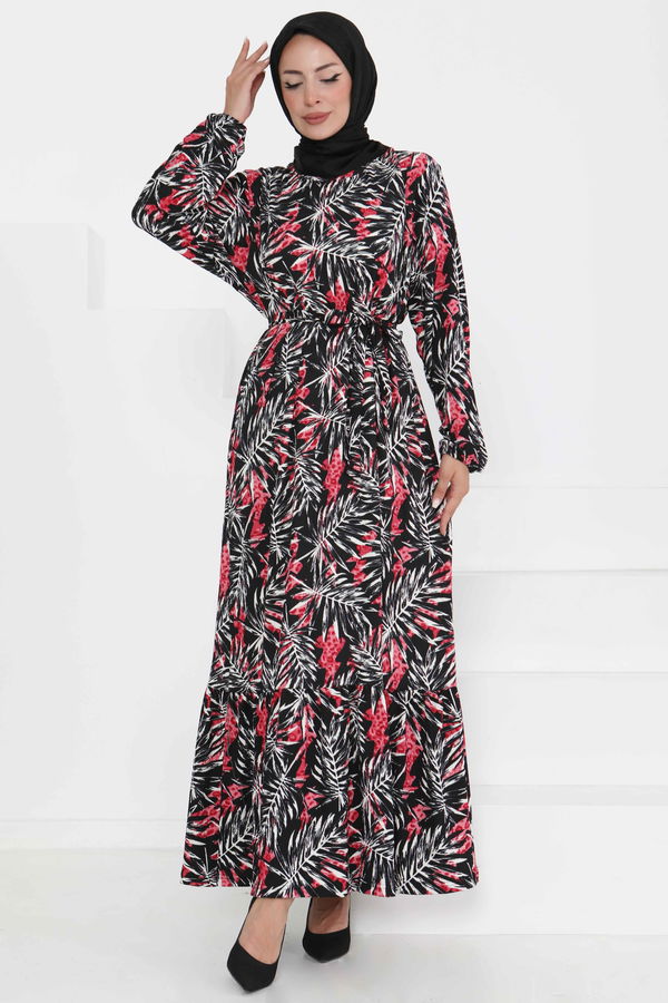 Desenli Kuşaklı Elbise - 27364