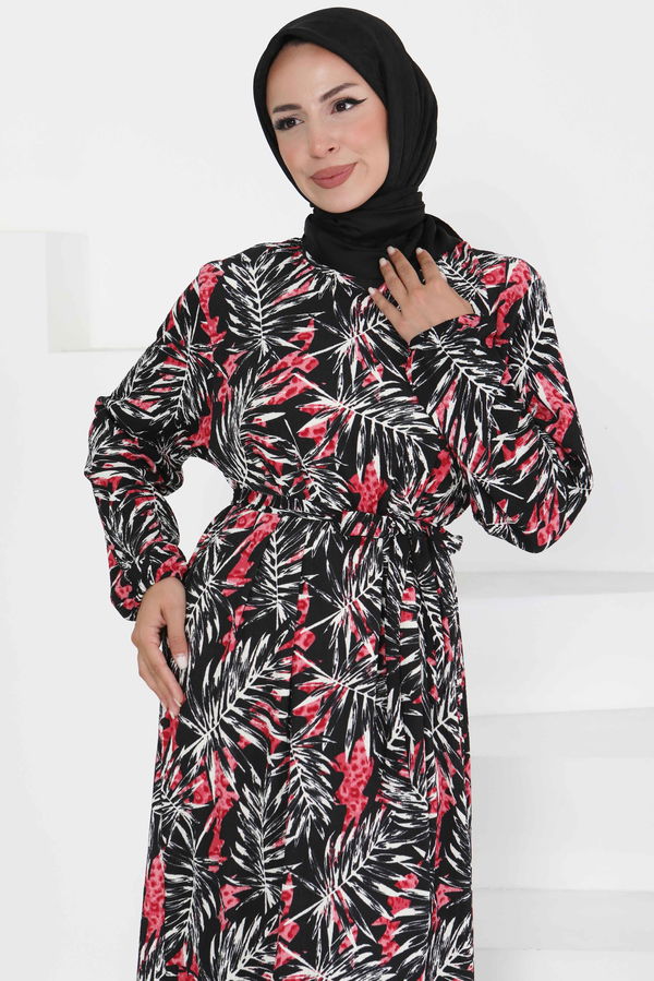 Desenli Kuşaklı Elbise - 27364