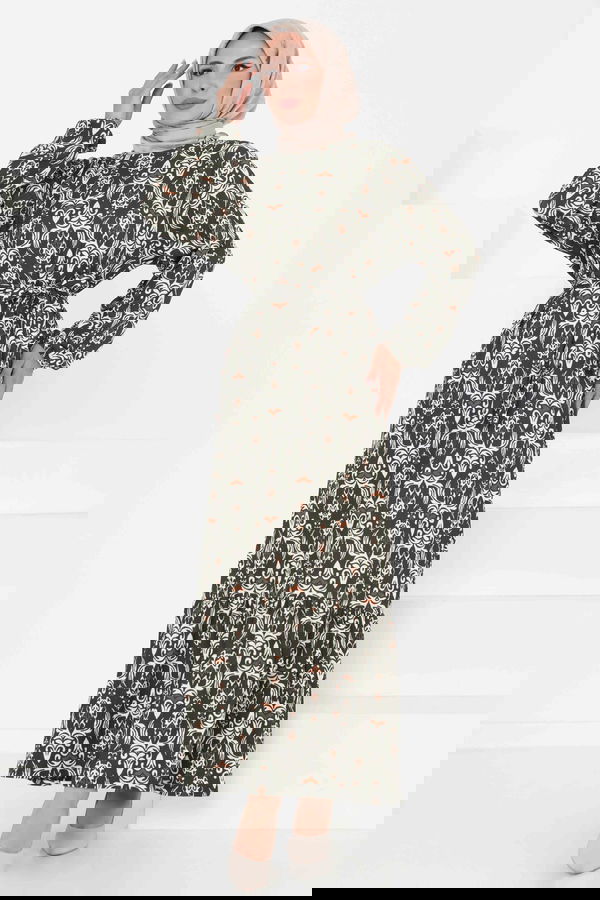 Desenli Kuşaklı Elbise - 27365