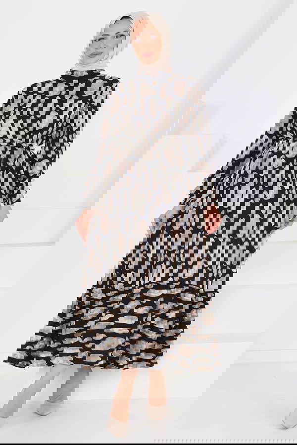 Desenli Kuşaklı Elbise - 27519