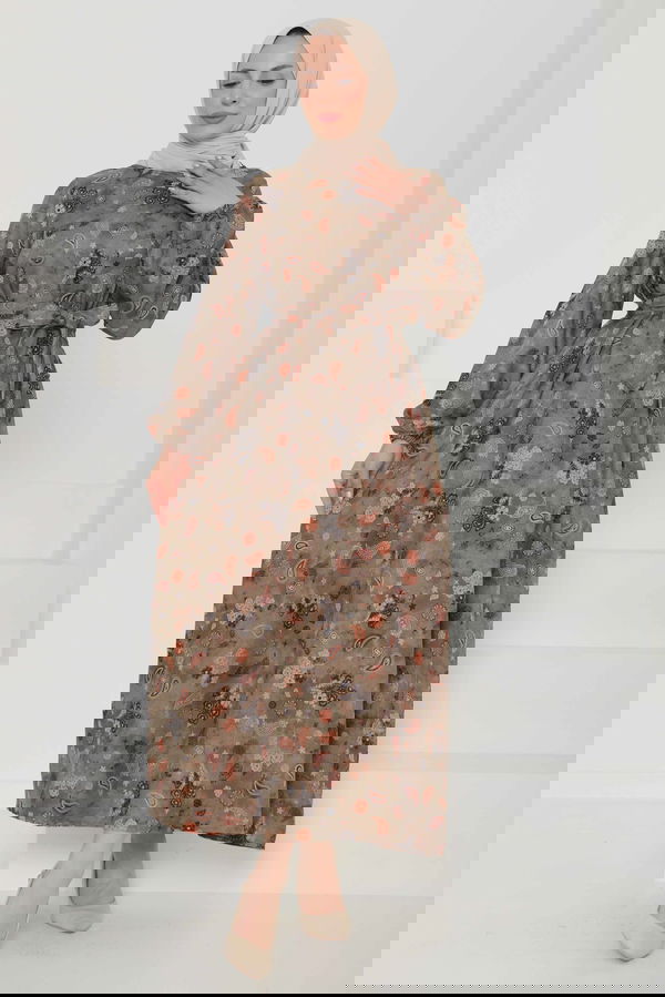 Desenli Kuşaklı Elbise - 27101