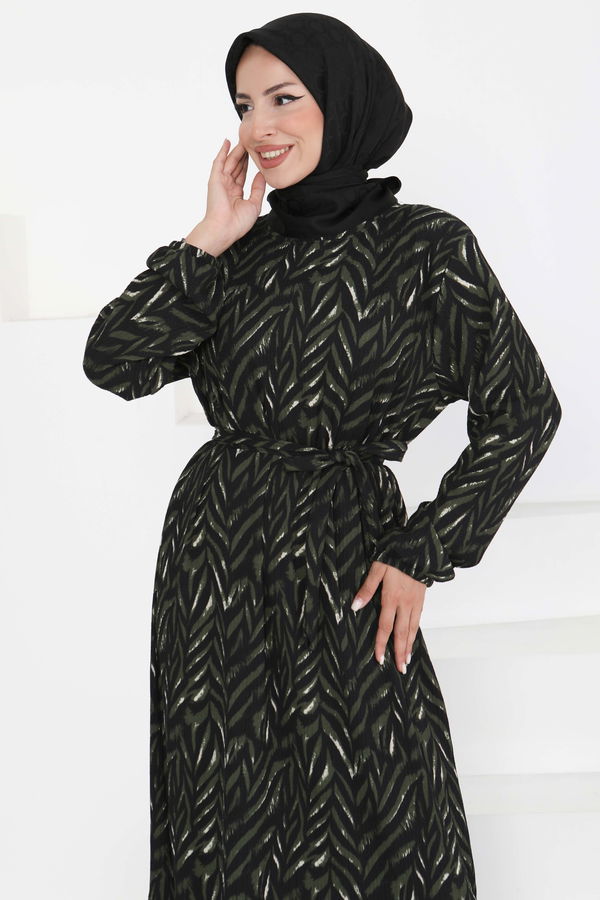 Desenli Kuşaklı Elbise - 27363
