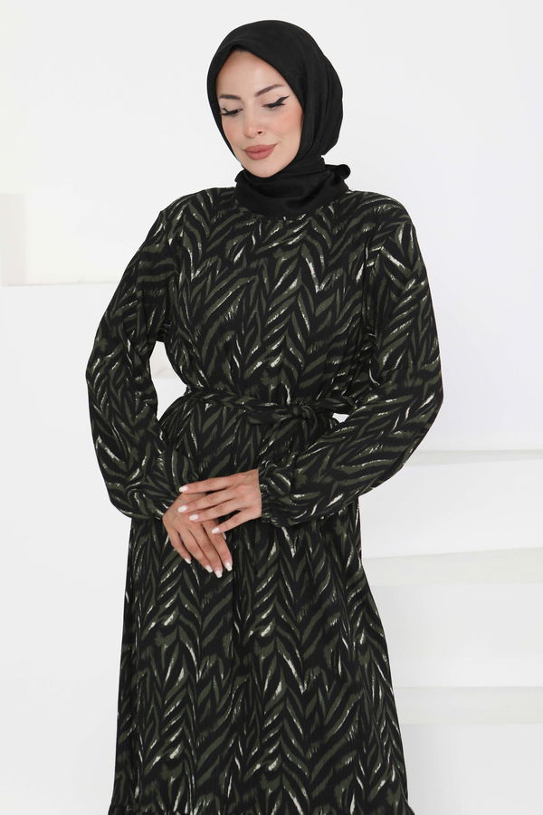 Desenli Kuşaklı Elbise - 27363