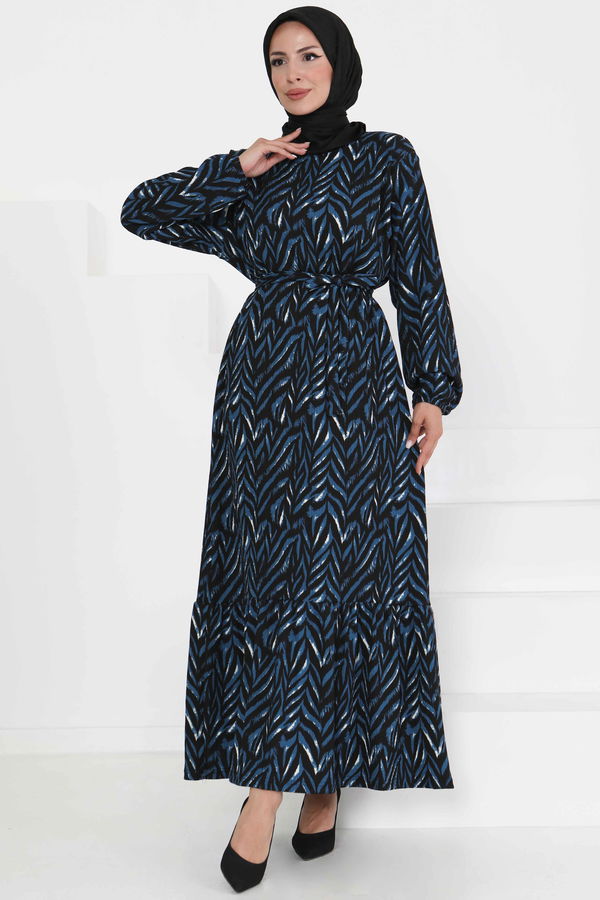 Desenli Kuşaklı Elbise - 27363