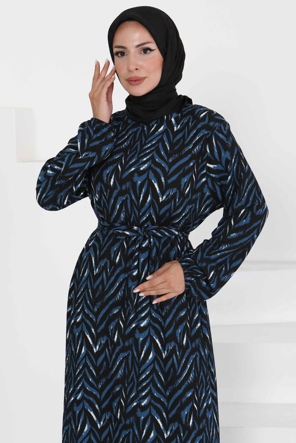 Desenli Kuşaklı Elbise - 27363