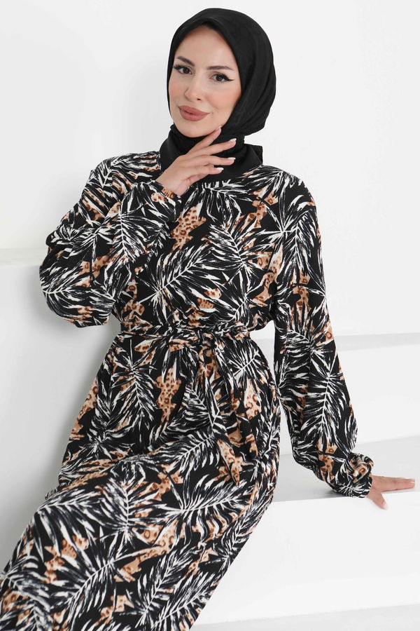 Desenli Kuşaklı Elbise - 27364