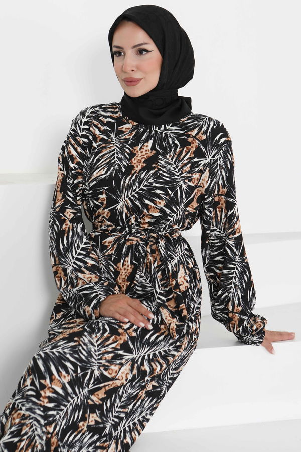 Desenli Kuşaklı Elbise - 27364