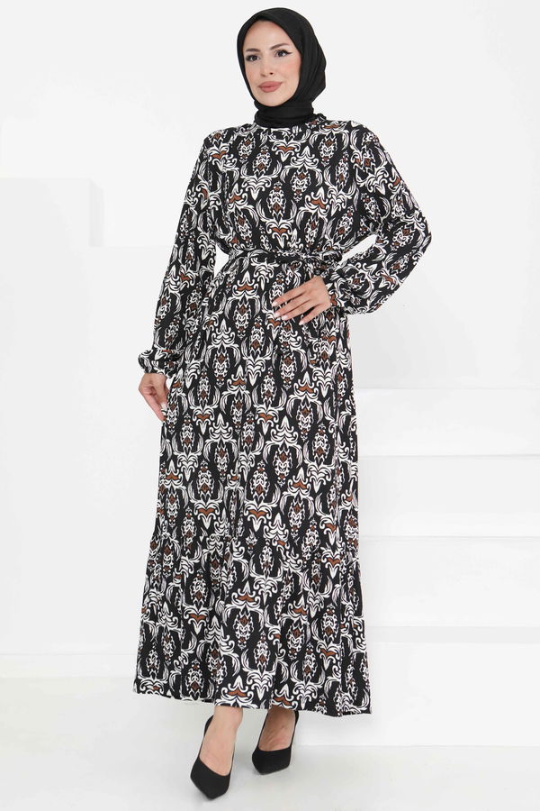 Desenli Kuşaklı Elbise - 27365