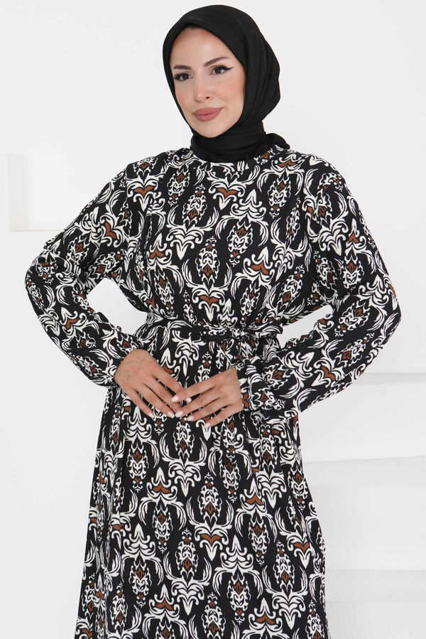 Desenli Kuşaklı Elbise - 27365