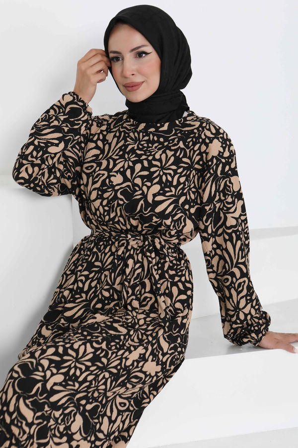 Desenli Kuşaklı Elbise - 27366